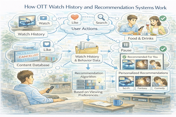 OTT 시청 기록과 추천 시스템이 사용자 행동을 기반으로 작동하는 과정을 설명한 이미지