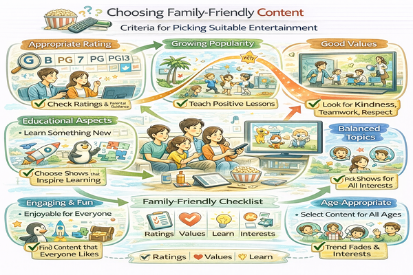 가족이 함께 시청할 콘텐츠를 선택하는 기준을 설명하는 가족 콘텐츠 선택 안내 이미지