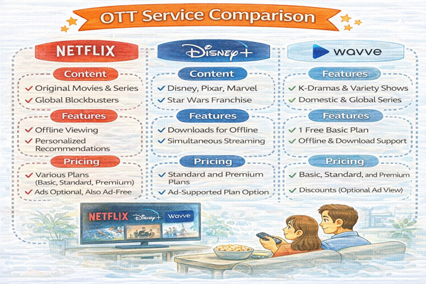 넷플릭스 디즈니+ 웨이브 차이를 비교해 정리한 OTT 서비스 비교 안내 이미지