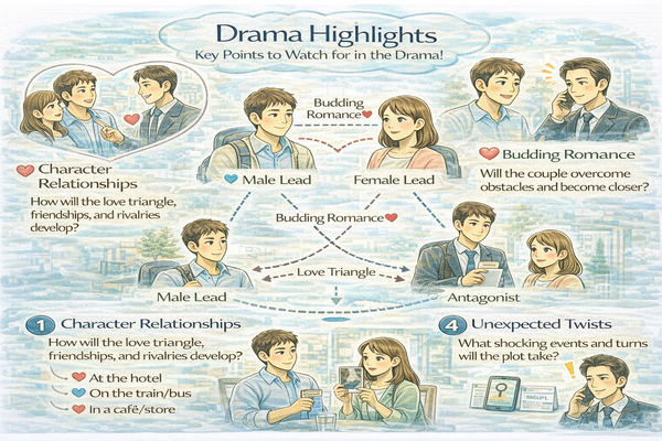 등장인물 관계와 이야기 흐름을 중심으로 드라마 관전 포인트를 설명하는 이미지