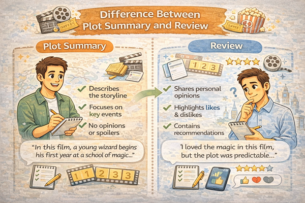 줄거리 요약과 리뷰 차이를 비교해 설명하는 영화 콘텐츠 안내 이미지