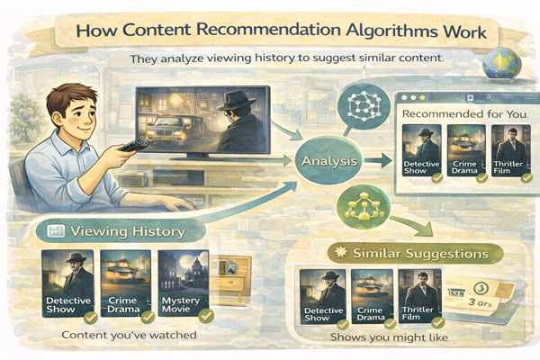 콘텐츠 추천 알고리즘이 시청 기록을 기반으로 작동하는 원리를 설명한 이미지