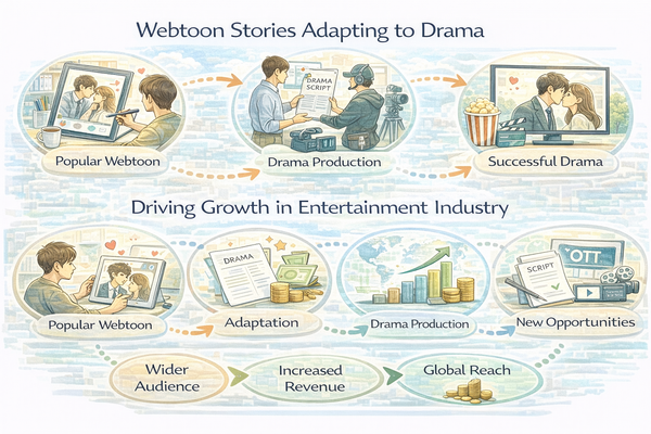 웹툰 원작 드라마가 많은 이유 분석을 설명하는 콘텐츠 산업 변화 이미지